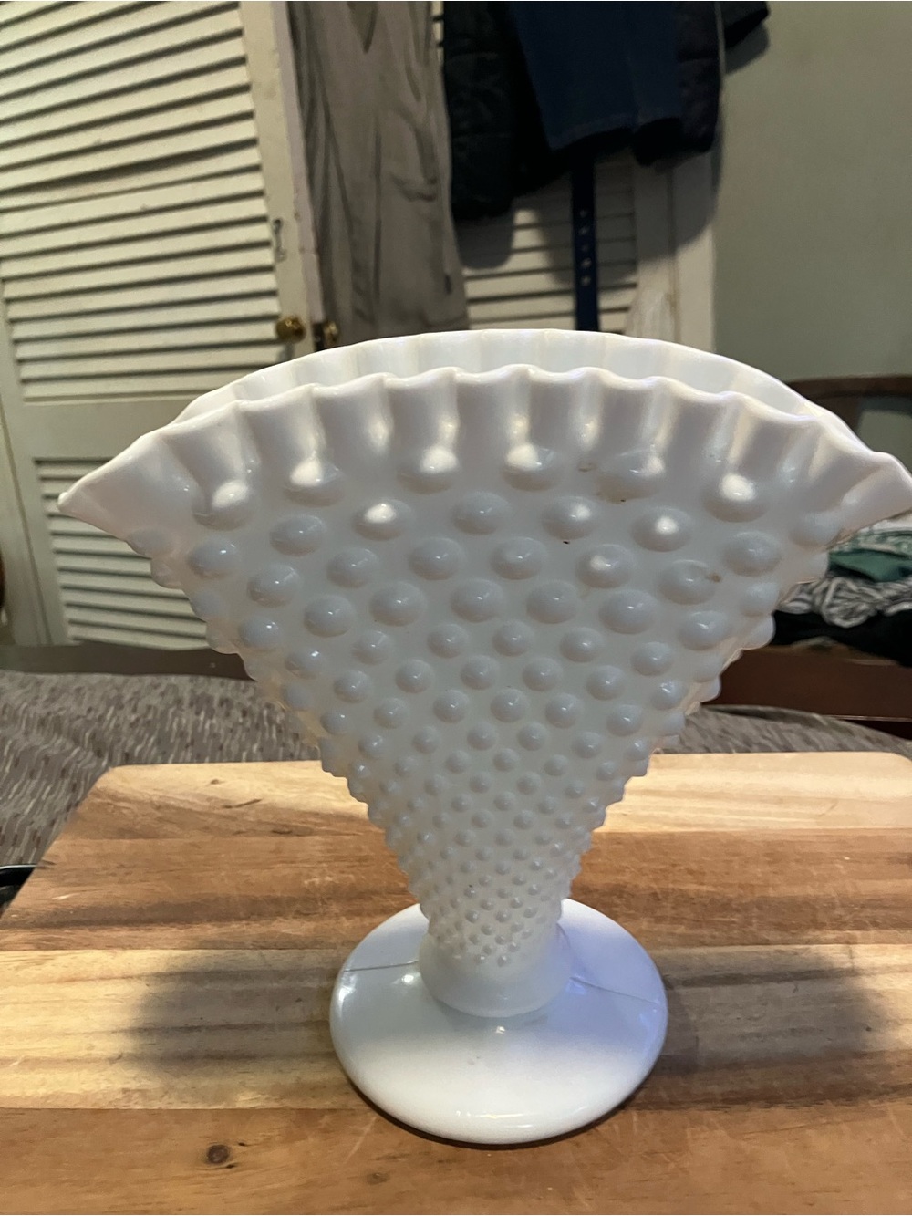 Vintage White Milk Glass Hobnail Footed Fan Vase